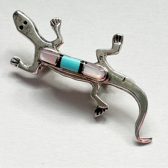 Signed Navajo Turquoise Onyx Pearl Inlay Sterling Silver Lizard Brooch Pin - Picture 8 of 9